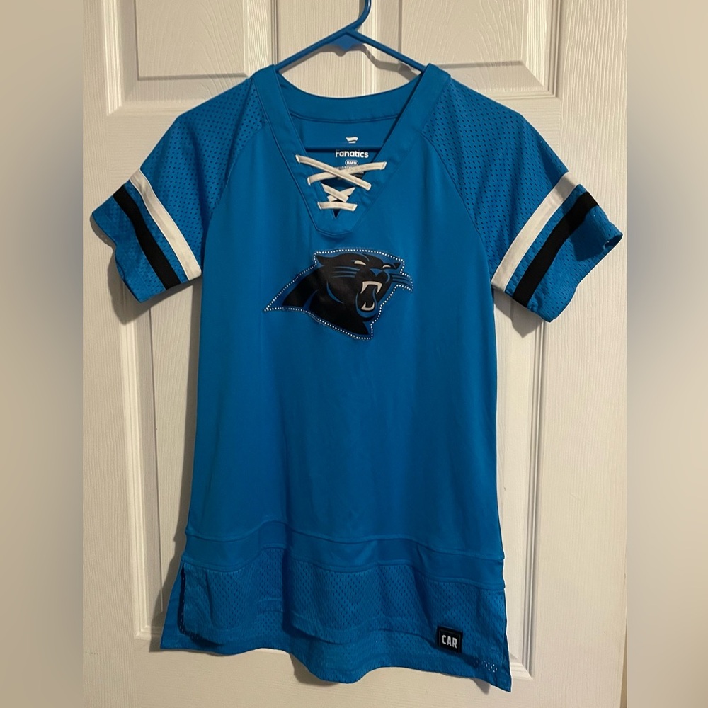 Fanatics Carolina Panthers Majestic Women's Medium Game Day V-Neck Lace Jersey - Picture 2 of 5